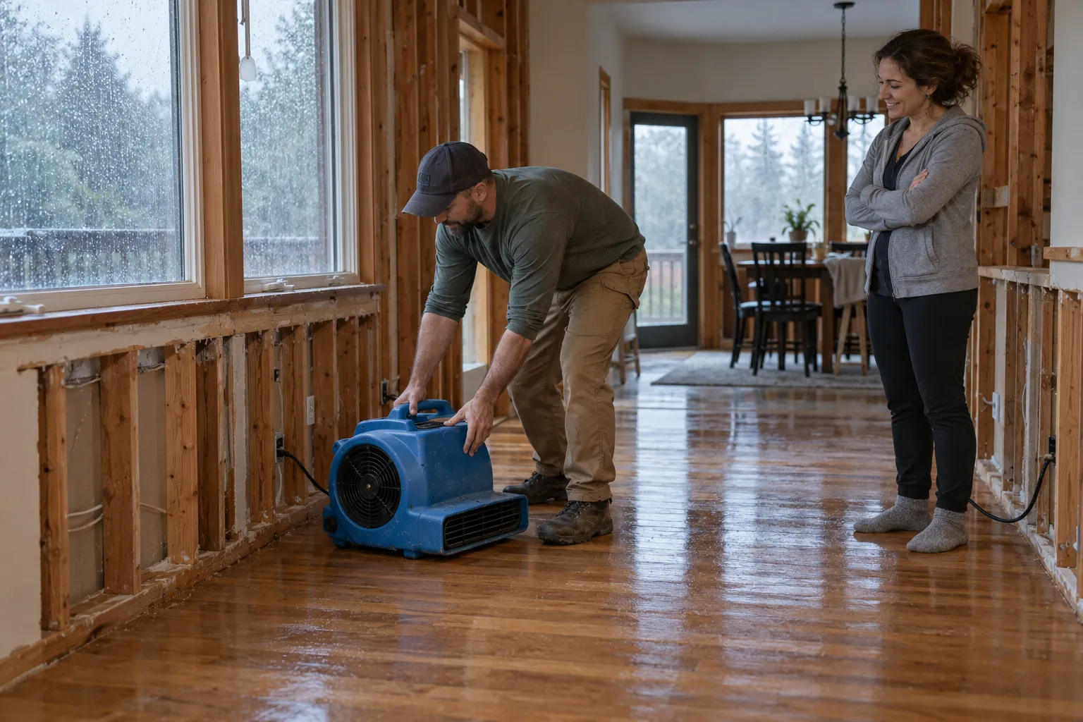 Water damage restoration technician drying a flooded living room in Seattle